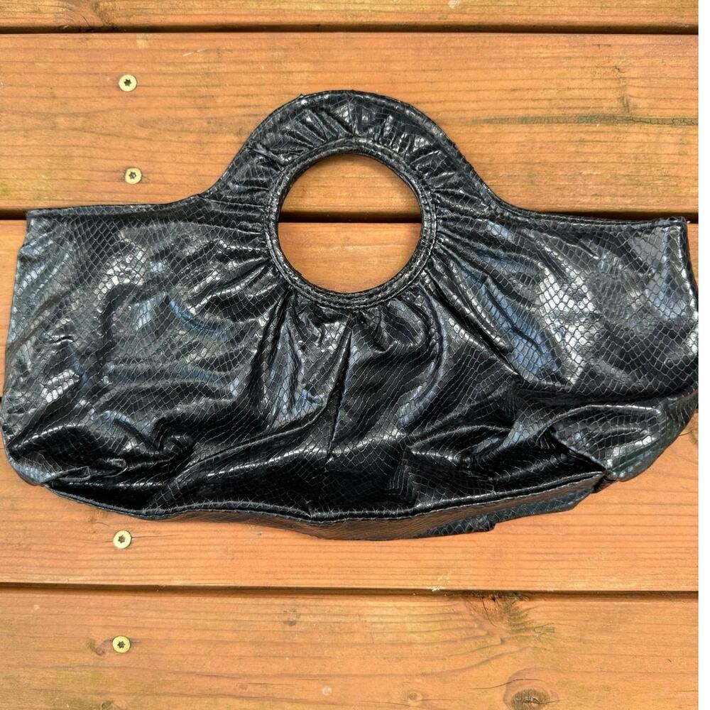 Black Faux Snakeskin Handbag with Cutout Handles – Style 44889